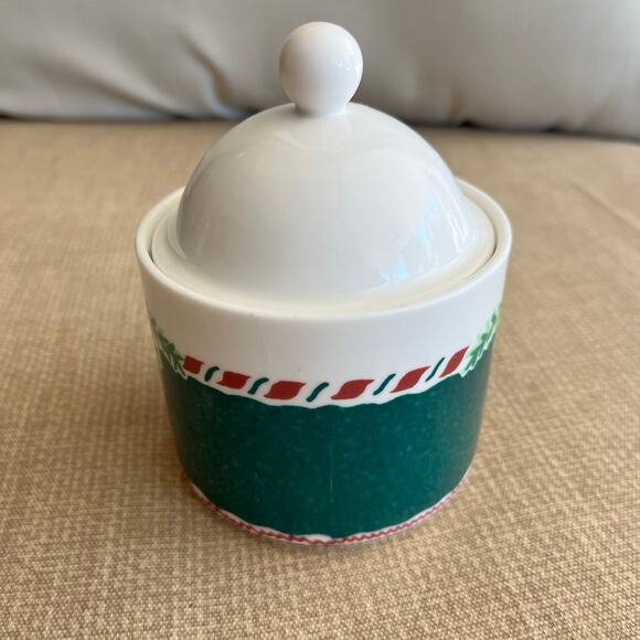 Fitz and Floyd Yuletide Holiday Green/White/Red Sugar Bowl - Picture 6 of 8